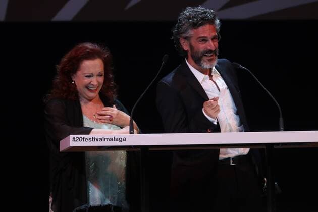 March 18, 2017 - MaLaga, Andalucia, EspaÃ‚Â±a - Argentinian actor Leonardo Sbaraglia (R), accompained by his mother Roxana Randon, speaks after receiving the Malaga-Sur Award during the 20th Edition of the Malaga Film Festival of Spanish Cinema at Cervantes Theater in Malaga, Spain, 18 March 2017 - ZUMAc161 20170318_zap_c161_007 Copyright: xLorenzoxCarnerox