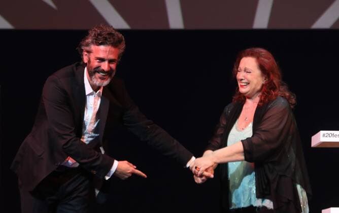 March 18, 2017 - MaLaga, Andalucia, EspaÃ‚Â±a - Argentinian actor Leonardo Sbaraglia (R), accompained by his mother Roxana Randon, speaks after receiving the Malaga-Sur Award during the 20th Edition of the Malaga Film Festival of Spanish Cinema at Cervantes Theater in Malaga, Spain, 18 March 2017 - ZUMAc161 20170318_zap_c161_009 Copyright: xLorenzoxCarnerox