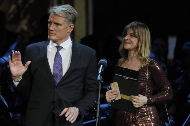 MOSCOW, RUSSIA - MARCH 18, 2017: Swedish-born Hollywood actor Dolph Lundgren (L) and German actress Nastassja Kinski at a ceremony to present BraVo international music awards at the Bolshoi Theatre. Mikhail Japaridze TASS  TS044C62