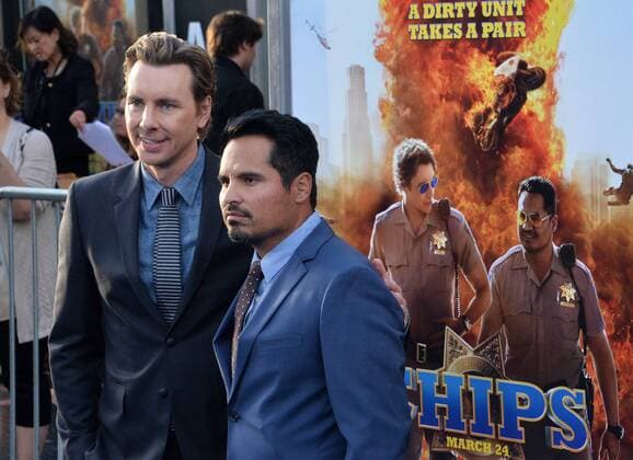 Cast member Dax Shepard (L) and Michael Pena attend the premiere of the motion picture comedy CHIPS at TCL Chinese Theatre in the Hollywood section of Los Angeles on March 20, 2017. Storyline: A rookie officer is teamed with a hardened pro at the California Highway Patrol, though the newbie soon learns his partner is really an undercover Fed investigating a heist that may involved some crooked cops.  LAP2017032001 JIMxRUYMEN