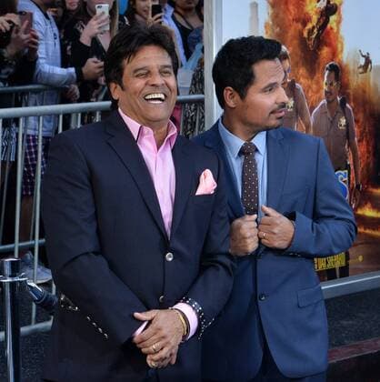 Cast member Michael Pena (R) and actor Erik Estrada attend the premiere of the motion picture comedy CHIPS at TCL Chinese Theatre in the Hollywood section of Los Angeles on March 20, 2017. Storyline: A rookie officer is teamed with a hardened pro at the California Highway Patrol, though the newbie soon learns his partner is really an undercover Fed investigating a heist that may involved some crooked cops.  LAP2017032002 JIMxRUYMEN