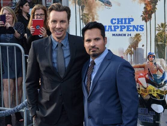 Cast members Dax Shepard (L) and Michael Pena attend the premiere of the motion picture comedy CHIPS at TCL Chinese Theatre in the Hollywood section of Los Angeles on March 20, 2017. Storyline: A rookie officer is teamed with a hardened pro at the California Highway Patrol, though the newbie soon learns his partner is really an undercover Fed investigating a heist that may involved some crooked cops.  LAP2017032025 JIMxRUYMEN