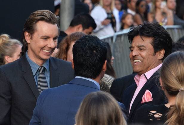 Cast members Dax Shepard (L) and Michael Pena (C) mingle with actor Erik Estrada during the premiere of the motion picture comedy CHIPS at TCL Chinese Theatre in the Hollywood section of Los Angeles on March 20, 2017. Storyline: A rookie officer is teamed with a hardened pro at the California Highway Patrol, though the newbie soon learns his partner is really an undercover Fed investigating a heist that may involved some crooked cops.  LAP2017032026 JIMxRUYMEN
