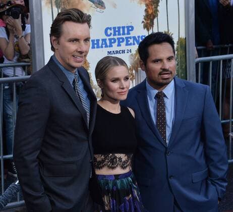 Cast members Dax Shepard, Kristen Bell and Michael Pena (L-R) attend the premiere of the motion picture comedy CHIPS at TCL Chinese Theatre in the Hollywood section of Los Angeles on March 20, 2017. Storyline: A rookie officer is teamed with a hardened pro at the California Highway Patrol, though the newbie soon learns his partner is really an undercover Fed investigating a heist that may involved some crooked cops.  LAP2017032036 JIMxRUYMEN