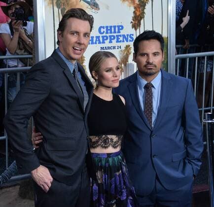 Cast members Dax Shepard, Kristen Bell and Michael Pena (L-R) attend the premiere of the motion picture comedy CHIPS at TCL Chinese Theatre in the Hollywood section of Los Angeles on March 20, 2017. Storyline: A rookie officer is teamed with a hardened pro at the California Highway Patrol, though the newbie soon learns his partner is really an undercover Fed investigating a heist that may involved some crooked cops.  LAP2017032037 JIMxRUYMEN