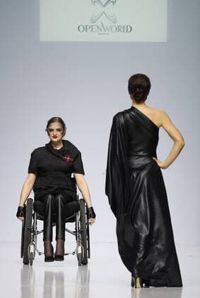 MOSCOW, RUSSIA - MARCH 23, 2017: Models showcase creations during a catwalk show for the NP Open World collection at the Moscow Fashion Week, at the Gostiny Dvor Shopping and Exhibition Centre. Open World is a non-profit partnership helping integrate people with disabilities. Vyacheslav Prokofyev TASS  TS045351