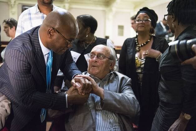 Rivonia Trial goes digital PRETORIA, SOUTH AFRICA ? MARCH 17: Minister of Arts and Culture, Nathi Mthethwa shakes hands with one of the defendants from the Rivonia Trial, Denis Goldberg during the handing over of the digital audio recordings from the Rivonia Trial on March 17, 2016 in Pretoria, South Africa. According to reports, the Department of Arts and Culture reached an agreement with France s National Audiovisual Institute to digitise the court proceedings of the 1963-1964 Rivonia trial. (Gallo Images Beeld Theana Breugem) Gallo0000237477