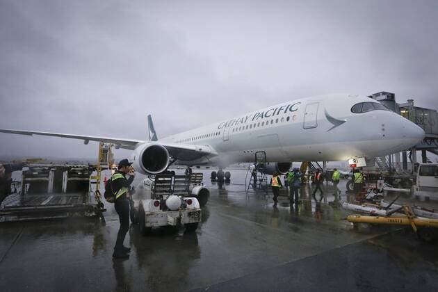 (170328) -- VANCOUVER, March 28, 2017 -- Photo taken on March 28, 2017 shows an Airbus A350-900 passenger jet after it landed at Vancouver International Airport in Vancouver, Canada, on March 28, 2017. A new Airbus A350-900 passenger jet made its first scheduled flight to Canada on Tuesday and began Cathay Pacific s use of the plane for its Vancouver-Hong Kong route. ) CANADA-VANCOUVER-AIRBUS-A350-900-FIRST SCHEDULED FLIGHT TO CANADA LiangxSen 