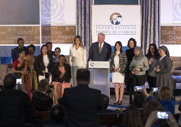 First Lady Melania Trump and Under Secretary of State for Political Affairs Thomas Shannon pose with winners of the 2017 Secretary of State s International Women of Courage (IWOC) Award, at the State Department in Washington, D.C. on March 29, 2017.  WAP20170329305 KEVINxDIETSCH