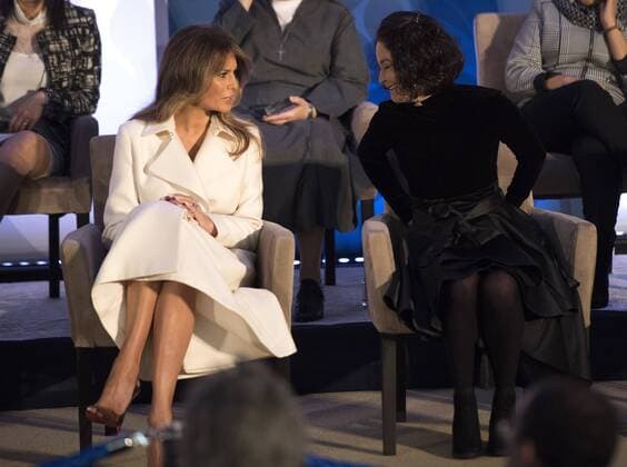 First Lady Melania Trump (L) speaks with 2017 Secretary of State s International Women of Courage (IWOC) Award recipient Natalia Ponce de Leon, during a ceremony at the State Department in Washington, D.C. on March 29, 2017.  WAP20170329306 KEVINxDIETSCH