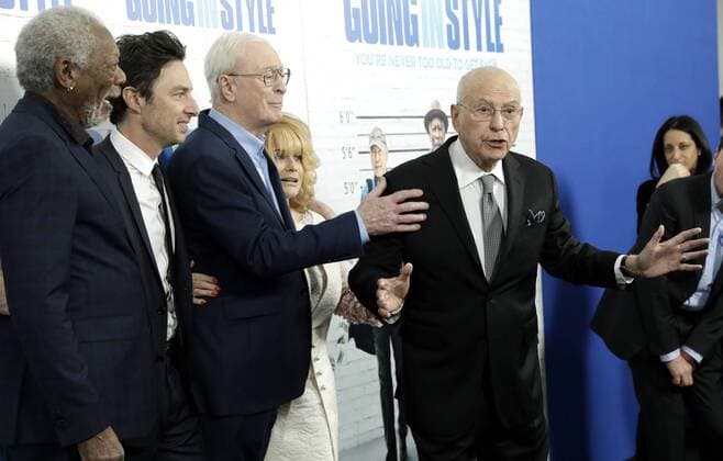 Morgan Freeman, Zach Braff, Michael Caine, Ann-Margaret watch Alan Arkin tell photographers to shut up when he arrives on the red carpet at the Going in Style World Premiere at SVA Theatre on March 30, 2017 in New York City.  NYP20170330111 JOHNxANGELILLO