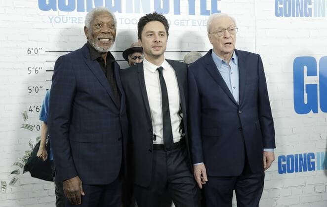 Morgan Freeman, Zach Braff and Michael Caine arrive on the red carpet at the Going in Style World Premiere at SVA Theatre on March 30, 2017 in New York City.  NYP20170330109 JOHNxANGELILLO