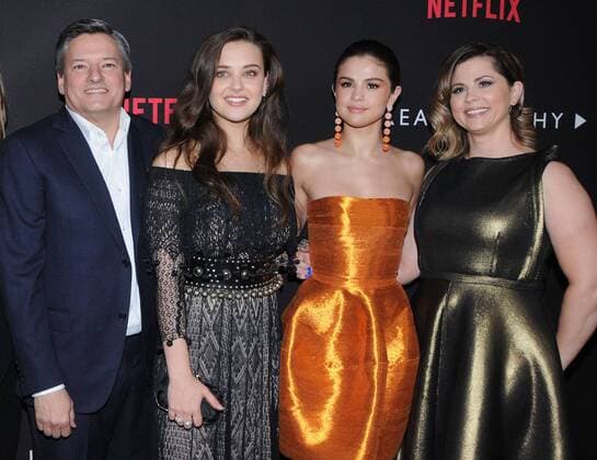 March 30, 2017 - Los Angeles, CA, United States - 30 March 2017 - Los Angeles, California - Ted Sarandos, Katherine Langford, Selena Gomez, Mandy Teefey. Premiere Of Netflix s 13 Reasons Why held at Paramount Studios in Los Angeles. Photo Credit: AdMedia Los Angeles United States - ZUMAa123 20170330_zaa_a123_269 Copyright: xBirdiexThompsonx