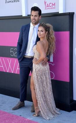NFL player Eric Decker (L) and singer Jessie James Decker attend the 52nd annual Academy of Country Music Awards held at T-Mobile Arena in Las Vegas, Nevada on April 2, 2017. The show will be telecast live on CBS.  LVP20170402019 JIMxRUYMEN