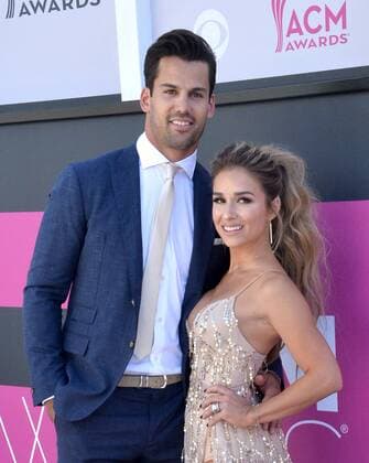 NFL player Eric Decker (L) and singer Jessie James Decker attend the 52nd annual Academy of Country Music Awards held at T-Mobile Arena in Las Vegas, Nevada on April 2, 2017. The show will be telecast live on CBS.  LVP20170402020 JIMxRUYMEN