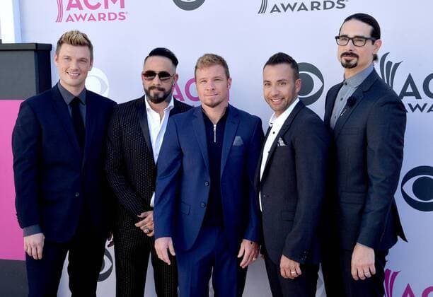 (L-R) Recording artists Nick Carter, AJ McLean, Brian Littrell, Howie D, and Kevin Richardson of music group Backstreet Boys attend the 52nd annual Academy of Country Music Awards held at T-Mobile Arena in Las Vegas, Nevada on April 2, 2017. The show will be telecast live on CBS.  LVP20170402126 JIMxRUYMEN