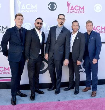 (L-R) Recording artists Nick Carter, AJ McLean, Brian Littrell, Howie D, and Kevin Richardson of music group Backstreet Boys attend the 52nd annual Academy of Country Music Awards held at T-Mobile Arena in Las Vegas, Nevada on April 2, 2017. The show will be telecast live on CBS.  LVP20170402127 JIMxRUYMEN