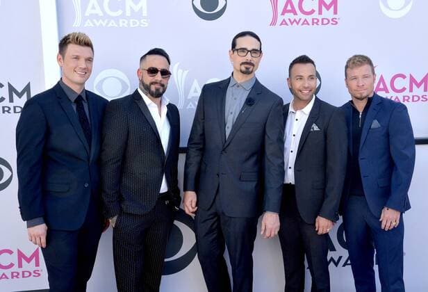 (L-R) Recording artists Nick Carter, AJ McLean, Brian Littrell, Howie D, and Kevin Richardson of music group Backstreet Boys attend the 52nd annual Academy of Country Music Awards held at T-Mobile Arena in Las Vegas, Nevada on April 2, 2017. The show will be telecast live on CBS.  LVP20170402128 JIMxRUYMEN