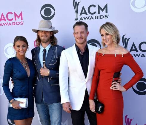 (L-R) Brittney Marie Cole, singers Brian Kelley and Tyler Hubbard of music group Florida Georgia Line, and Hayley Stommel attend the 52nd annual Academy of Country Music Awards held at T-Mobile Arena in Las Vegas, Nevada on April 2, 2017. The show will be telecast live on CBS.  LVP20170402180 JIMxRUYMEN
