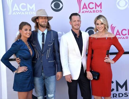 (L-R) Brittney Marie Cole, singers Brian Kelley and Tyler Hubbard of music group Florida Georgia Line, and Hayley Stommel attend the 52nd annual Academy of Country Music Awards held at T-Mobile Arena in Las Vegas, Nevada on April 2, 2017. The show will be telecast live on CBS.  LVP20170402181 JIMxRUYMEN