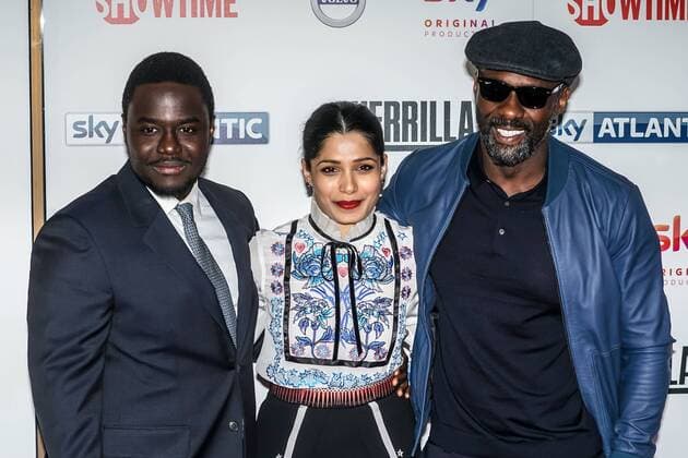 Babou Ceesay, Indian actress Freida Pinto and English actor Idris Elba attend the UK TV Premiere of Guerrilla at Curzon Bloomsbury, The Brunswick, London. APRIL 6th 2017  SLIx17727
