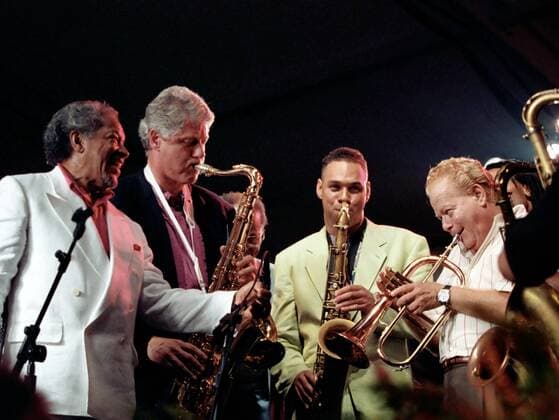 June 18, 1993 - Washington, DC, United States of America - U.S President Bill Clinton plays the saxophone with jazz musicians at the 14th anniversary of the Newport Jazz Festival on the South Grounds of the White House June 18, 1993 in Washington, DC. Washington United States of America - ZUMAp138 19930618_zaa_p138_001 Copyright: xSharonxFarmerx