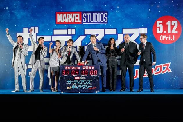 (L to R) Japanese voice actors Kenichi Endo, Koji Kato, Sayaka Akimoto and Koichi Yamadera alongside cast members Chris Pratt, actress Zoe Saldana, actor Dave Bautista and Director James Gunn, pose for cameras during the Galaxy Carpet Event for their film Guardians of the Galaxy Vol. 2 at the Shin-toyosu Brillia Running Stadium on April 10, 2017, Tokyo, Japan. The cast members appeared on stage alongside Japanese voice actors to greet the fans. The world tour of this red carpet event continues worldwide, kicking off in Japan. The film will be release in Japan on May 12.  (gxta_guardiansofthegalaxy2vol031)