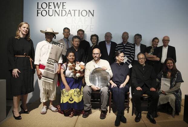 British actress Charlotte Rampling (back, 3L) poses next to German artist Ernst Gamperl (C), after he received the Loewe Foundation Craft Prize for his work Tree of Life , during a ceremony in Madrid, Spain, 10 April 2017. LOEWE FOUNDATION CRAFT PRIZE !ACHTUNG: NUR REDAKTIONELLE NUTZUNG!  Copyright: xFernandoxAlvaradox GRA241 20170410-636274383813318503