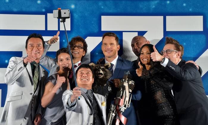 (Front)Japanese comedian Koji Kato, (L-R) Japanese voice casts, Actor Kenichi Endo, actress Sayaka Akimoto, voice actor Koichi Yamadera, actors Chris Pratt, Zoe Saldana, Dave Bautista and director James Gunn attend the promotion event for the film Guardians of the Galaxy Vol.2 in Tokyo, Japan on April 10, 2017.  TKP2017041001 KEIZOxMORI
