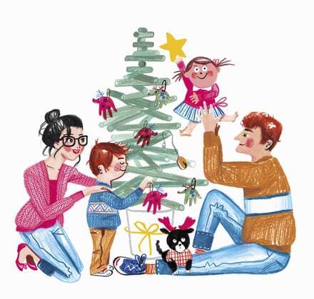 Glückliche Familie schmückt einen Weihnachtsbaum  Copyright: xLucianoxLozanox 11370155