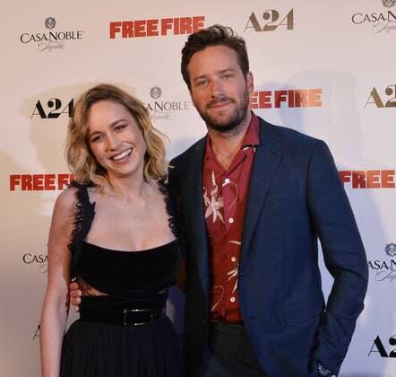 Cast members Brie Larson and Armie Hammer attend the premiere of the motion picture crime thriller Free Fire at the ArcLight Cinema Dome in the Hollywood section of Los Angeles on April 13, 2017. Storyline: Set in Boston in 1978, a meeting in a deserted warehouse between two gangs turns into a shootout and a game of survival.  LAP2017041315 JIMxRUYMEN