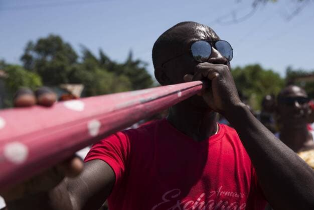 A musician participates in a Gaga on the occasion of the celebrations of Good Friday in Batey Mata Mamon, in Santo Domingo, Dominican Republic, on 14 April 2017. Beyond the classic christian processions of Holy Week, in the Dominican Republic another religious ritual is celebrated at this time, the Gaga , a tradition where they mix catholicism and voodoo, and whose dances and music transport the neophyte spectator to african lands. Vudu and catholicism: Gaga religious synectivities in Holy Week in Dominican Republic !ACHTUNG: NUR REDAKTIONELLE NUTZUNG!  Copyright: xOrlandoxBarríax STO004 20170414-636278029632269461