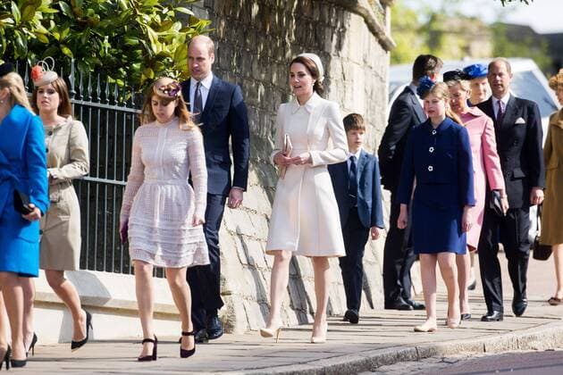 . 16 04 2017. London, United Kingdom. The Duke and Duchess of Cambridge and other members of the UK Royal family arriving at the Easter Sunday church service at Windsor Castle, United Kingdom.  xCPNAxPOOLxx xi-Imagesx IIM-14899-0061