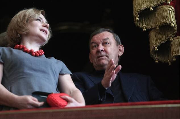 MOSCOW, RUSSIA - APRIL 17, 2017: Bolshoi Theatre General Director Vladimir Urin (R) at the premiere of Valery Todorovsky s Bolshoi drama film about ballet, at the Bolshoi Theatre. Valery Sharifulin TASS  TS048891