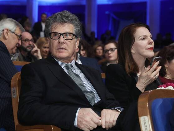 MOSCOW, RUSSIA - APRIL 19, 2017: Russian actor Igor Kostolevsky with wife Consuelo De Haviland (L-R front) seen ahead of the 2017 Golden Mask award ceremony at the Stanislavsky and Nemirovich-Danchenko Moscow Music Theatre. Valery Sharifulin TASS  TS048DA4