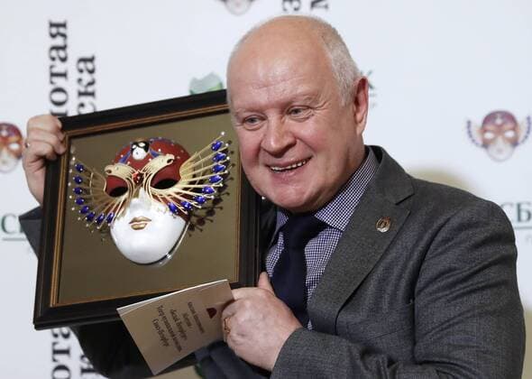MOSCOW, RUSSIA - APRIL 19, 2017: Russian actor Viktor Krivonos poses with an award for Operetta-Musical Best Actor for Bely. Petersburg, Theatre of Musical Comedy, St Petersburg, at the 2017 Golden Mask award ceremony at the Stanislavsky and Nemirovich-Danchenko Moscow Music Theatre. Artyom Geodakyan TASS  TS048DE3