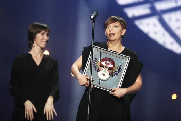 MOSCOW, RUSSIA - APRIL 19, 2017: Ballet Moskva Theater Director Yelena Tupyseva (R) accepts an award for Contemporary Dance Best Production for All Routes Lead to the North, Ballet Moskva, Moscow, at the 2017 Golden Mask award ceremony at the Stanislavsky and Nemirovich-Danchenko Moscow Music Theatre. Valery Sharifulin TASS  TS048DEB