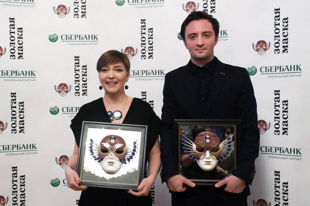 MOSCOW, RUSSIA - APRIL 19, 2017: Ballet Moskva Theater Director Yelena Tupyseva (L) with an award for Contemporary Dance Best Production for All Routes Lead to the North, Ballet Moskva, Moscow, and Russian choreographer Anton Pimonov with an award for Ballet-Contemporary Dance Best Balletmaster Best Choreographer for Violin Concerto No 2, Mariinsky Theatre, St Petersburg, at the 2017 Golden Mask award ceremony at the Stanislavsky and Nemirovich-Danchenko Moscow Music Theatre. Artyom Geodakyan TASS  TS048DED