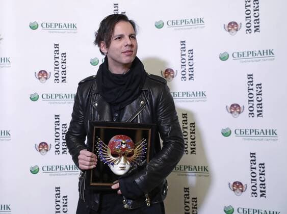 MOSCOW, RUSSIA - APRIL 19, 2017: Greek-Russian conductor Teodor Currentzis poses with an award for Opera Best Conductor for La Traviata, Opera and Ballet Theatre, Perm, at the 2017 Golden Mask award ceremony at the Stanislavsky and Nemirovich-Danchenko Moscow Music Theatre. Artyom Geodakyan TASS  TS048E06