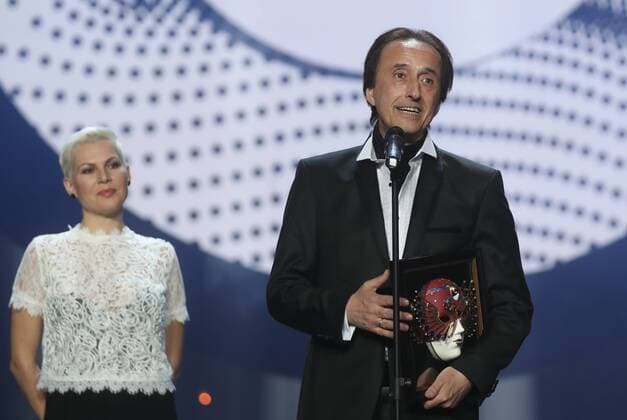 MOSCOW, RUSSIA - APRIL 19, 2017: Russian actor Vladimir Galchenko accepts an award for Operetta-Musical Best Supporting Actor Actress for The Story of a Horse, Drama Theatre, Samara, at the 2017 Golden Mask award ceremony at the Stanislavsky and Nemirovich-Danchenko Moscow Music Theatre. Valery Sharifulin TASS  TS048E0F
