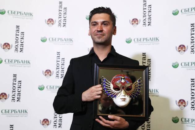 MOSCOW, RUSSIA - APRIL 19, 2017: Russian theatre director Roman Feodori poses with an award for Operetta-Musical Best Director for The Drayman and the King, TYuZ Theatre, Krasnoyarsk, at the 2017 Golden Mask award ceremony at the Stanislavsky and Nemirovich-Danchenko Moscow Music Theatre. Artyom Geodakyan TASS  TS048E18