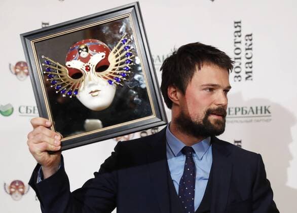 MOSCOW, RUSSIA - APRIL 19, 2017: Russian actor Danila Kozlovsky poses with an award for Drama Best Actor for Hamlet, Maly Drama Theatre - Theatre of Europe, St Petersburg, at the 2017 Golden Mask award ceremony at the Stanislavsky and Nemirovich-Danchenko Moscow Music Theatre. Artyom Geodakyan TASS  TS048E25
