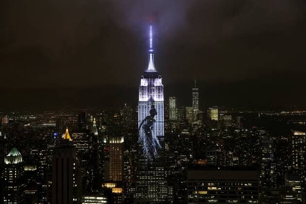 An artist rendering image of the cover of Harper s Bazaar: 150 Years: The Greatest Moments issue is projected onto the Empire State Building in the Manhattan skyline to celebrate Harper Bazaar s 150th anniversary on April 19, 2017 in New York City. Spanning 42 floors of the building and rising 500 feet high, the show featured iconic fashion images of everyone from Audrey Hepburn to Kate Moss, including iconic works by the likes of Andy Warhol.  NYP20170419179 JOHNxANGELILLO