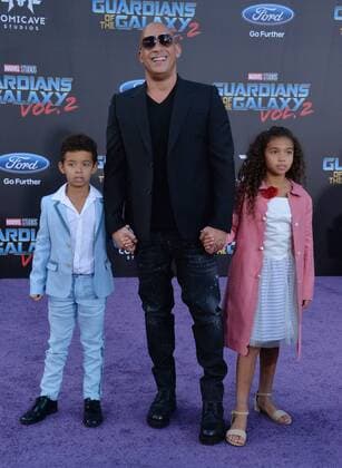Cast member Vin Diesel and his son Vincent Sinclair (L) and daughter Hania Riley Sinclair attend the premiere of the sci-fi motion picture Guardians of the Galaxy Vol. 2 at the Dolby Theatre in the Hollywood section of Los Angeles on April 19, 2017. Storyline: Set to the backdrop of Awesome Mixtape 2, Guardians continues the team s adventures as they unravel the mystery of Peter Quill s true parentage.  LAP2017041916 JIMxRUYMEN