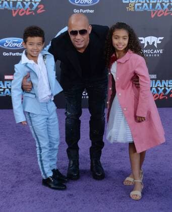 Cast member Vin Diesel and his son Vincent Sinclair (L) and daughter Hania Riley Sinclair attend the premiere of the sci-fi motion picture Guardians of the Galaxy Vol. 2 at the Dolby Theatre in the Hollywood section of Los Angeles on April 19, 2017. Storyline: Set to the backdrop of Awesome Mixtape 2, Guardians continues the team s adventures as they unravel the mystery of Peter Quill s true parentage.  LAP2017041957 JIMxRUYMEN