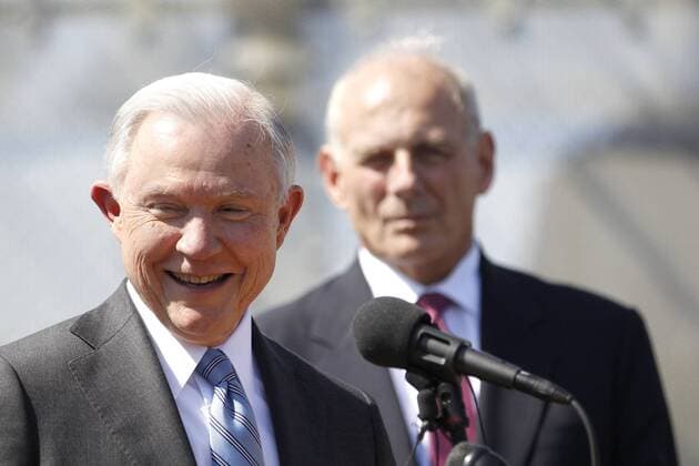 April 21, 2017 - San Ysidro, CA, USA - Attorney General Jeff Sessions, smiles after his first joint appearance along AmericaÃ¢â‚¬â ¢s Southern border with US Senator Ron Johnson from Wisconsin, not shown, and Homeland Security Secretary John Kelly, right. San Ysidro USA - ZUMAga3_ 20170421_zap_ga3_004 Copyright: xJohnxGastaldox