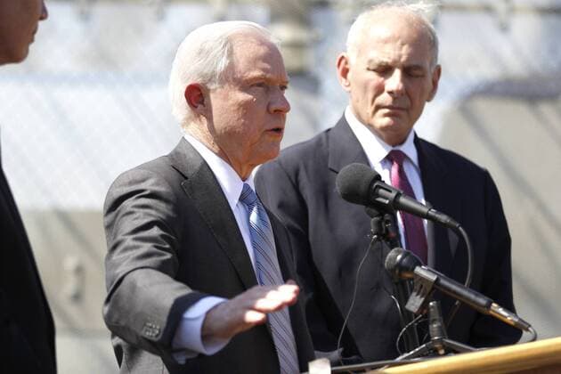 April 21, 2017 - San Ysidro, CA, USA - Attorney General Jeff Sessions, center, makes a point in his first joint appearance along AmericaÃ¢â‚¬â ¢s Southern border with US Senator Ron Johnson from Wisconsin, left, and Homeland Security Secretary John Kelly, right. San Ysidro USA - ZUMAga3_ 20170421_zap_ga3_002 Copyright: xJohnxGastaldox