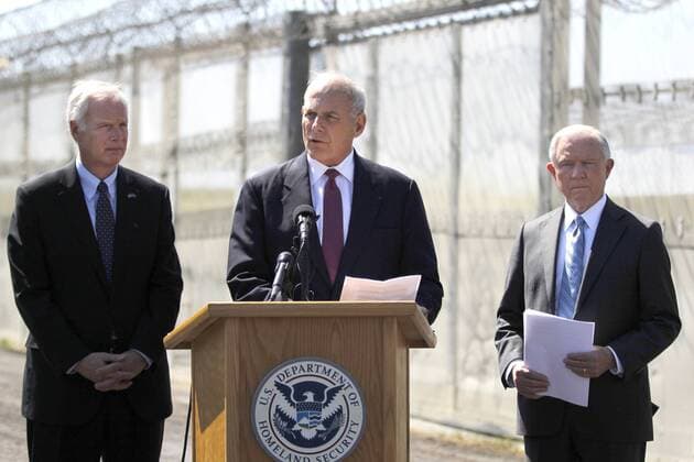 April 21, 2017 - San Ysidro, CA, USA - Homeland Security Secretary John Kelly, center, and Attorney General Jeff Sessions, right, make their first joint appearance along AmericaÃ¢â‚¬â ¢s Southern border with US Senator Ron Johnson from Wisconsin at left. San Ysidro USA - ZUMAga3_ 20170421_zap_ga3_005 Copyright: xJohnxGastaldox