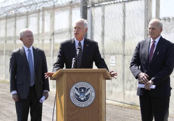 April 21, 2017 - San Ysidro, CA, USA - US Senator Ron Johnson from Wisconsin speaks at the podium in a joint press conference from the Southern Border with Mexico Attorney General Jeff Sessions, left, and Homeland Security Secretary John Kelly. San Ysidro USA - ZUMAga3_ 20170421_zap_ga3_007 Copyright: xJohnxGastaldox