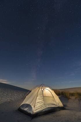 USA, New Mexico, Chihuahua Desert, White Sands National Monument, tent on dune at night  FOF09217